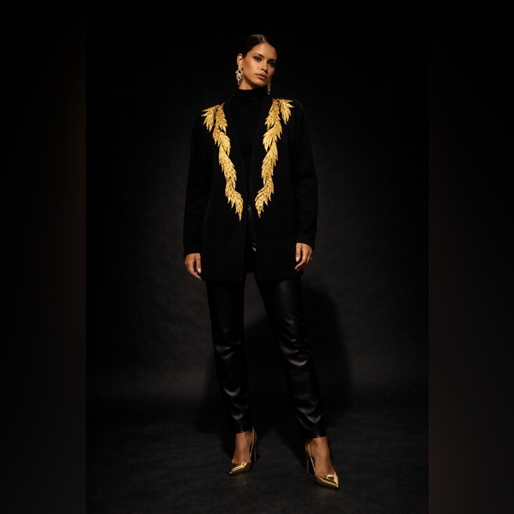 Vintage Black Cardigan Gold Sequin Appliqué 80s Glam August Max Woman 1X